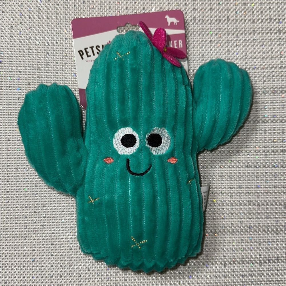 PETSHOPPE Green Plush Macro Ribbed Cactus with Pink Flower Squeaky Dog Toy